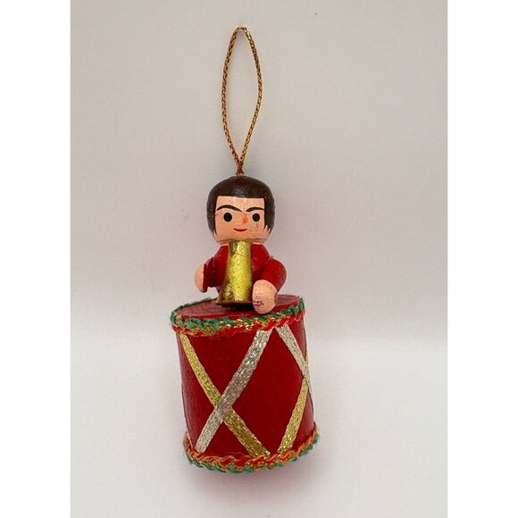 Vintage Wooden Drummer Boy Christmas Tree Ornament Red Drum & Gold Horn - Picture 8 of 8